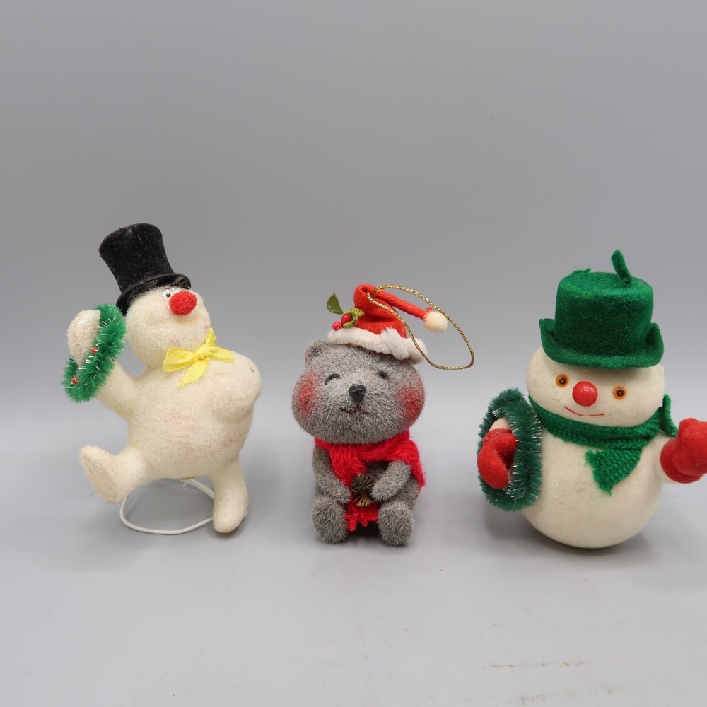 Vintage Frosty the Snowman Squirl Christmas Ornament flocked plastic Lot